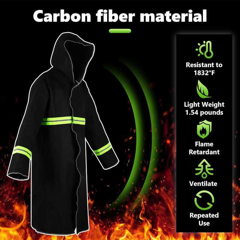 Consfly Carbon Fiber Fireproof Suit 1832°F Heat Resistant Suit with Reflective Stripes & Hood, Fireproof Cloak for Home Factory - Image 2